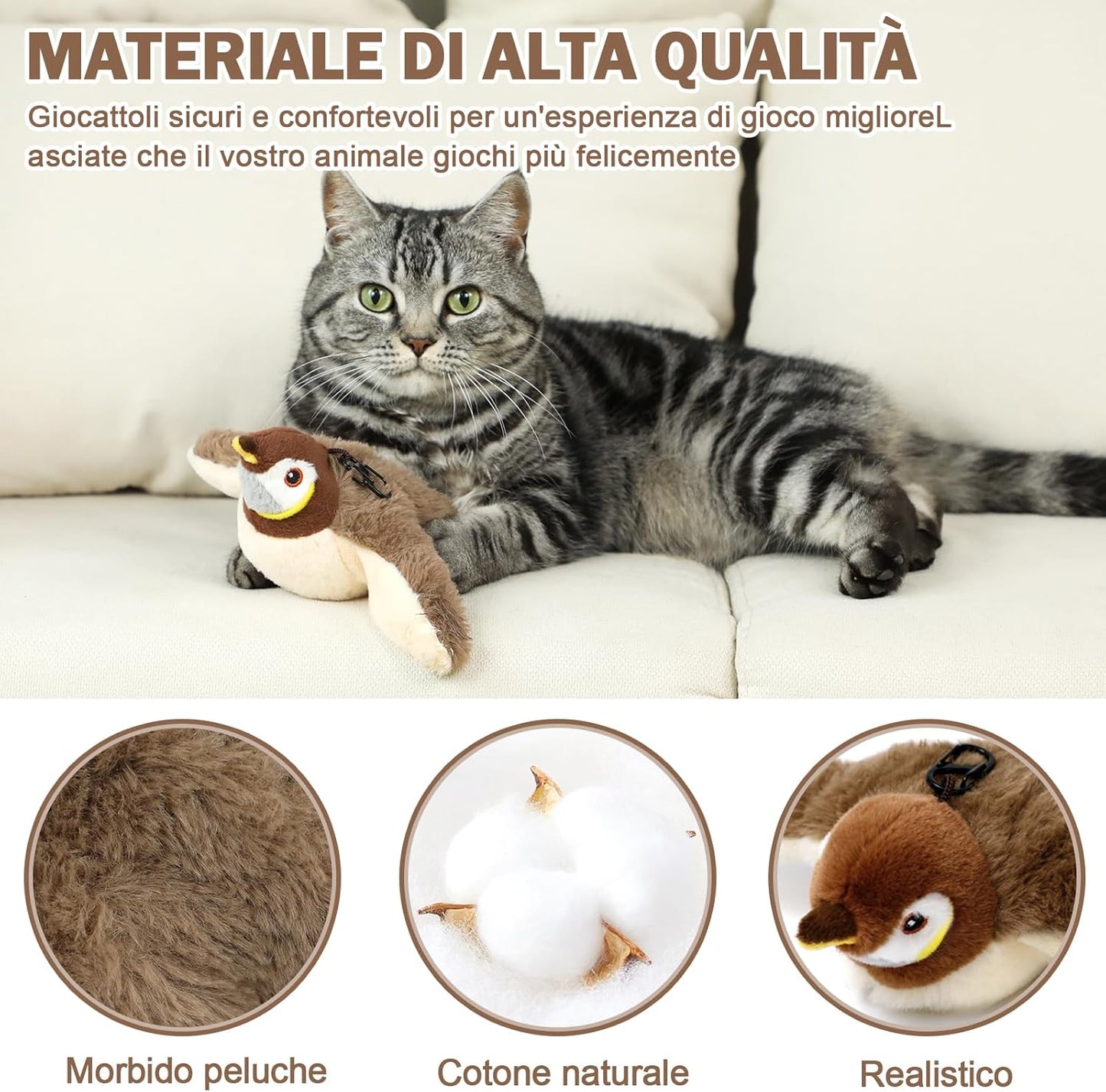 Uccellino realistico con suono e movimento per Gatti
